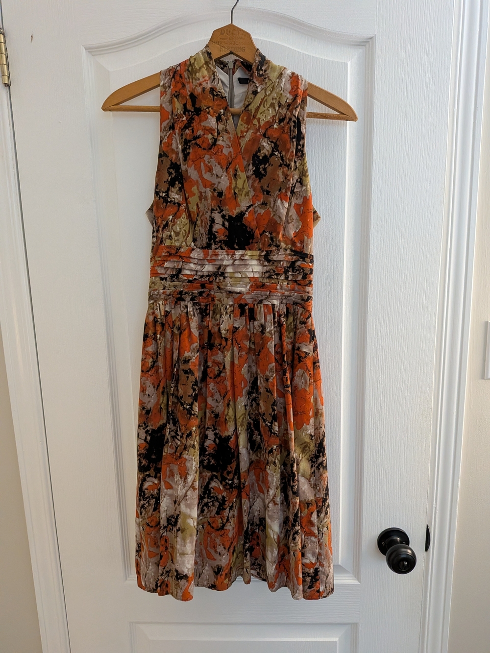 100% Silk Sleeveless Abstract Orange V-Neck Pleated Waist Dress
